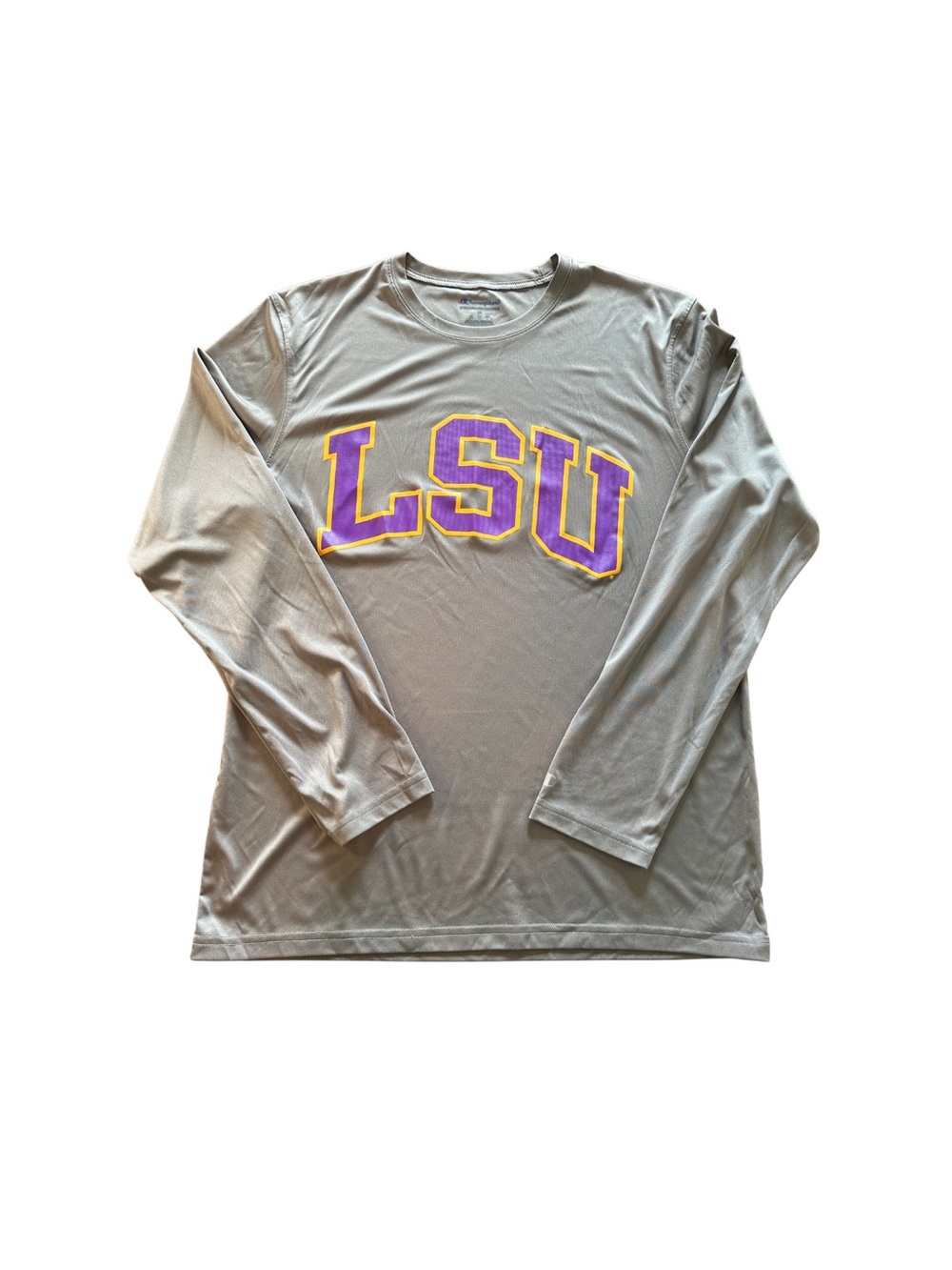 Champion Grey Long Sleeve Tee with Purple and Gold LSU Logo - Men’s Size M - SEC